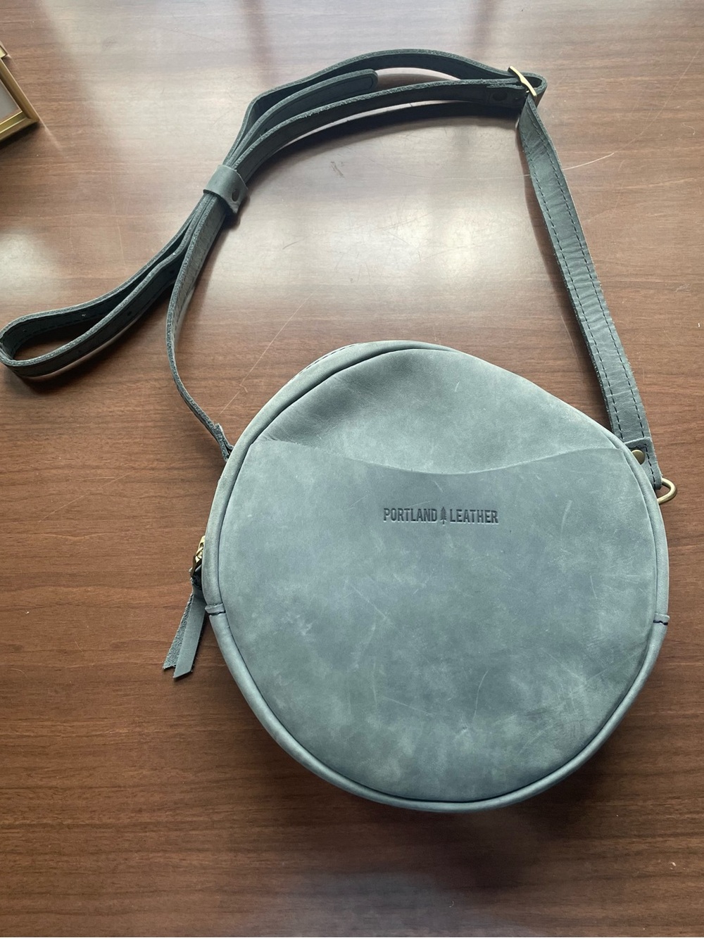 Portland Leather Round Crossbody Bag in Gray-Blue
